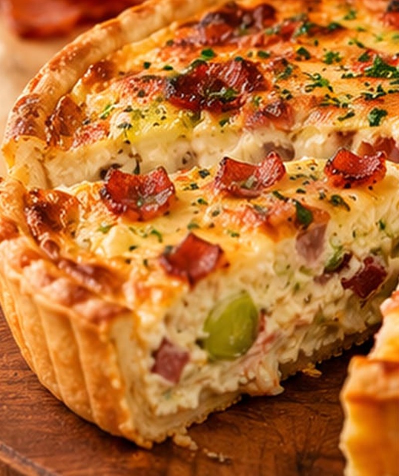 Quiche de alho-poró com bacon, com uma fatia revelando o recheio