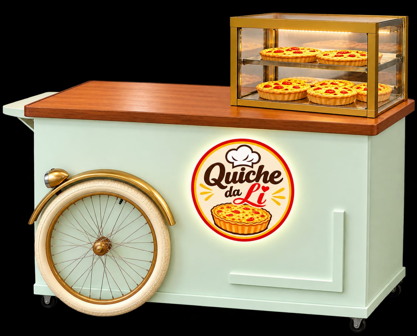 Carrinho da Quiche da Li em verde claro, com detalhes dourados