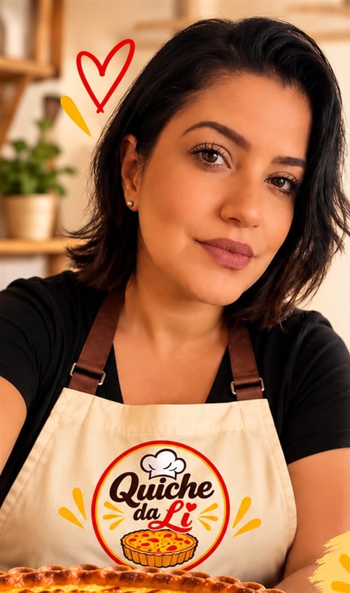 Lilian com avental da Quiche da Li, em imagem enviada pela marca
